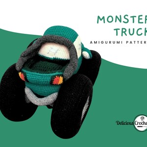 DeliciousCrochet Monster Truck. This is a crochet pattern, not the finished toy. Using DK or Sports acrylic yarn with a 2.5 mm hook, the truck stands 9 inches tall, 12.5 inches long and 8 incges wide. Instructions available in English (US) or Spanish