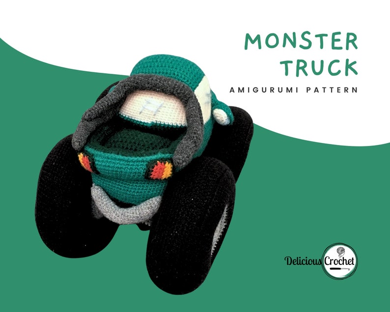 DeliciousCrochet Monster Truck. This is a crochet pattern, not the finished toy. Using DK or Sports acrylic yarn with a 2.5 mm hook, the truck stands 9 inches tall, 12.5 inches long and 8 incges wide. Instructions available in English (US) or Spanish