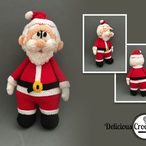 May include: Crocheted Santa Claus doll with a red suit, white trim, black belt, and a white beard. The doll is standing on a grey background.