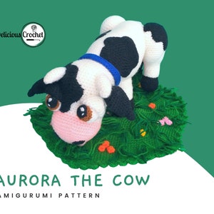 DeliciousCrochet Aurora the Cow. This is a crochet pattern, not the finished toy. Using DK or Sports acrylic yarn with a 2.5 mm hook, the cow is 6.5 inches tall & 10 inches long; lawn 12 inches wide. Instructions available in English (US) or Spanish.