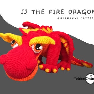 DeliciousCrochet JJ The Fire Dragon crochet pattern, not the finished toys. Using DK or Sports acrylic yarn and a 2.5 mm hook, the toy stands 21.5 inches long and 6.5 inches tall. Instructions available in English (US) or Spanish.