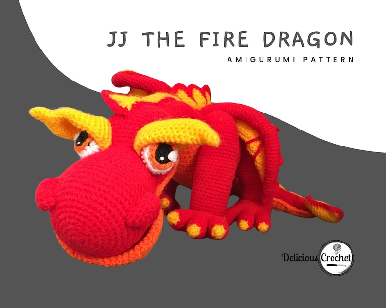 DeliciousCrochet JJ The Fire Dragon crochet pattern, not the finished toys. Using DK or Sports acrylic yarn and a 2.5 mm hook, the toy stands 21.5 inches long and 6.5 inches tall. Instructions available in English (US) or Spanish.