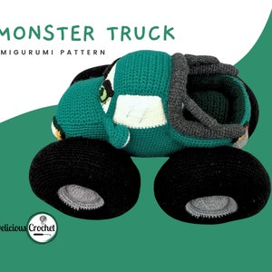 DeliciousCrochet Monster Truck. This is a crochet pattern, not the finished toy. Using DK or Sports acrylic yarn with a 2.5 mm hook, the truck stands 9 inches tall, 12.5 inches long and 8 incges wide. Instructions available in English (US) or Spanish