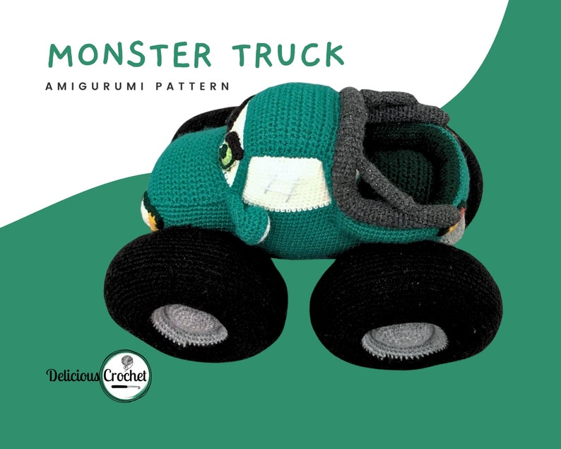 DeliciousCrochet Monster Truck. This is a crochet pattern, not the finished toy. Using DK or Sports acrylic yarn with a 2.5 mm hook, the truck stands 9 inches tall, 12.5 inches long and 8 incges wide. Instructions available in English (US) or Spanish