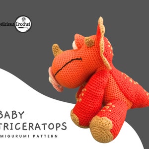 DeliciousCrochet Baby Triceratops. This is a crochet pattern, not the finished toy. Using DK or Sports acrylic yarn with a 2.5 mm hook, the dinosaur stands 7.5 inches tall. Instructions available in English (US) or Spanish.