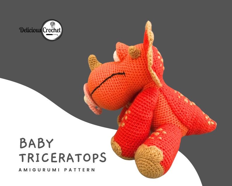 DeliciousCrochet Baby Triceratops. This is a crochet pattern, not the finished toy. Using DK or Sports acrylic yarn with a 2.5 mm hook, the dinosaur stands 7.5 inches tall. Instructions available in English (US) or Spanish.