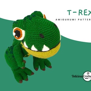 DeliciousCrochet T-Rex. This is a crochet pattern, not the finished toy. Using DK or Sports acrylic yarn with a 2.5 mm hook, the t-rex stands 10 inches tall. Instructions available in English (US) or Spanish.