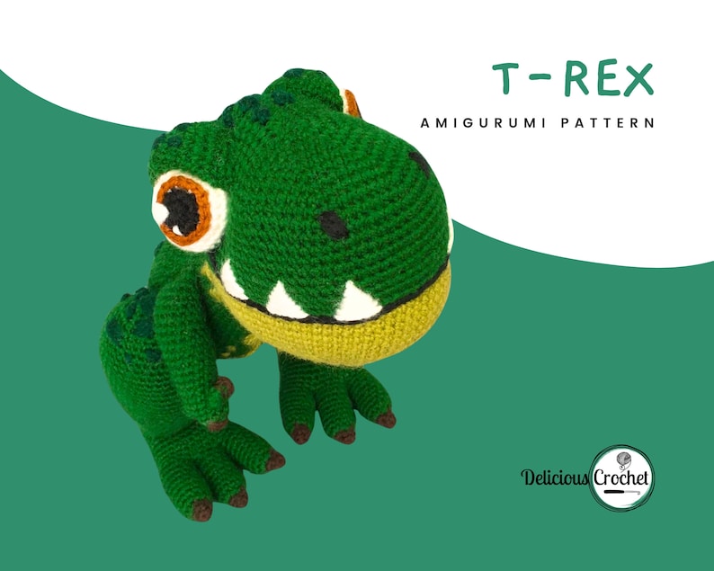 DeliciousCrochet T-Rex. This is a crochet pattern, not the finished toy. Using DK or Sports acrylic yarn with a 2.5 mm hook, the t-rex stands 10 inches tall. Instructions available in English (US) or Spanish.