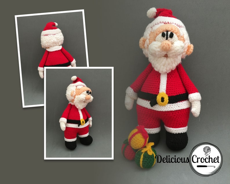 May include: A crocheted Santa Claus doll wearing a red suit with white trim, a black belt with a gold buckle, and a white beard. The doll is holding a red bag and is standing on a grey surface. The doll is surrounded by three small crocheted ornaments.