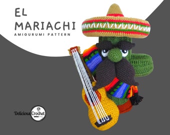 May include: A crocheted amigurumi cactus wearing a sombrero and a colorful scarf, holding a yellow guitar. The cactus is green and has a brown beard. The text "EL MARIACHI AMIGURUMI PATTERN" is above the cactus.