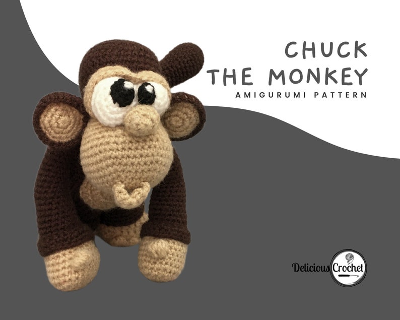 DeliciousCrochet Chuck the Monkey. This is a crochet pattern, not the finished toy. Using DK or Sports acrylic yarn with a 2.5 mm hook, the toy stands 8.7 inches tall. Instructions available in English (US) or Spanish.