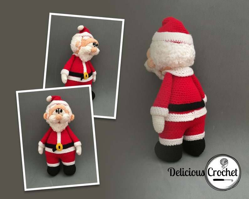May include: A crocheted Santa Claus doll with a white beard, red suit, black belt, and white trim. The doll is standing on a grey background.