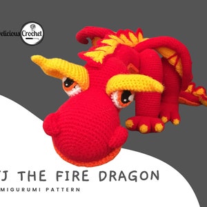 DeliciousCrochet JJ The Fire Dragon crochet pattern, not the finished toys. Using DK or Sports acrylic yarn and a 2.5 mm hook, the toy stands 21.5 inches long and 6.5 inches tall. Instructions available in English (US) or Spanish.