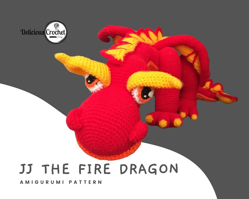 DeliciousCrochet JJ The Fire Dragon crochet pattern, not the finished toys. Using DK or Sports acrylic yarn and a 2.5 mm hook, the toy stands 21.5 inches long and 6.5 inches tall. Instructions available in English (US) or Spanish.