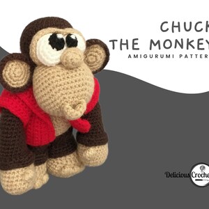 DeliciousCrochet Chuck the Monkey. This is a crochet pattern, not the finished toy. Using DK or Sports acrylic yarn with a 2.5 mm hook, the toy stands 8.7 inches tall. Instructions available in English (US) or Spanish.