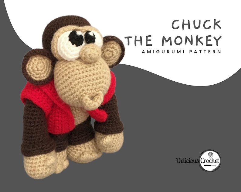 DeliciousCrochet Chuck the Monkey. This is a crochet pattern, not the finished toy. Using DK or Sports acrylic yarn with a 2.5 mm hook, the toy stands 8.7 inches tall. Instructions available in English (US) or Spanish.