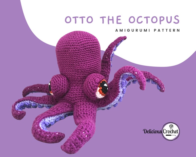 DeliciousCrochet Otto Octopus. This is a crochet pattern, not the finished toy. Using DK or Sports acrylic yarn with a 2.5 mm hook, the octopus stands 7 inches tall and 15 inches wide. Instructions available in English (US) or Spanish.