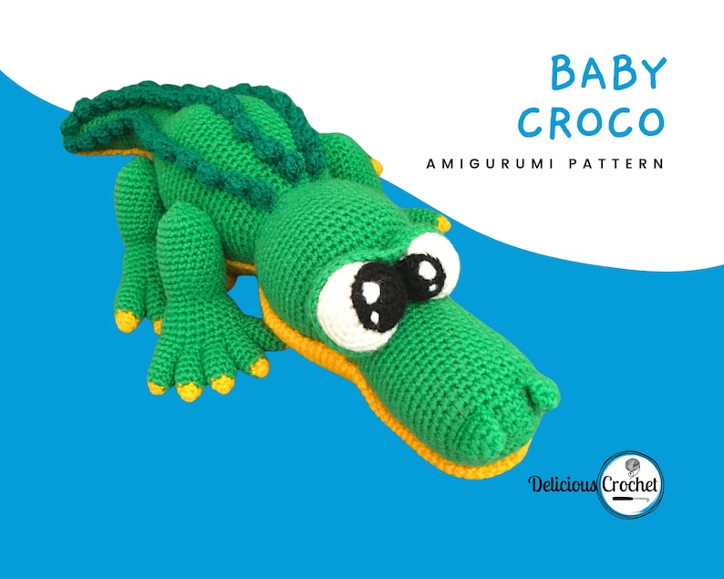 DeliciousCrochet Baby Croco. This is a crochet pattern, not the finished toy. Using DK or Sports acrylic yarn with a 2.5 mm hook, the croco is 16 inches long. Baby cap and pacifier are removable. Instructions available in English (US) or Spanish.