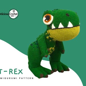 DeliciousCrochet T-Rex. This is a crochet pattern, not the finished toy. Using DK or Sports acrylic yarn with a 2.5 mm hook, the t-rex stands 10 inches tall. Instructions available in English (US) or Spanish.