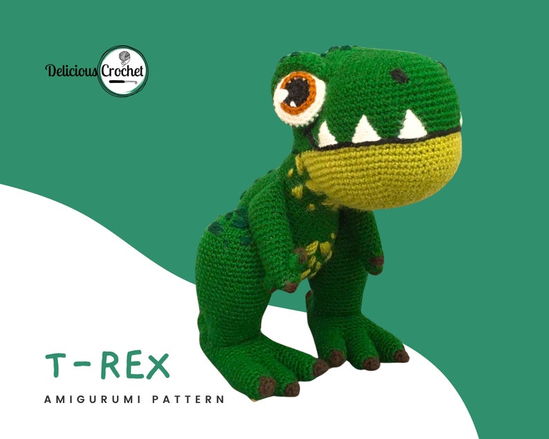 DeliciousCrochet T-Rex. This is a crochet pattern, not the finished toy. Using DK or Sports acrylic yarn with a 2.5 mm hook, the t-rex stands 10 inches tall. Instructions available in English (US) or Spanish.