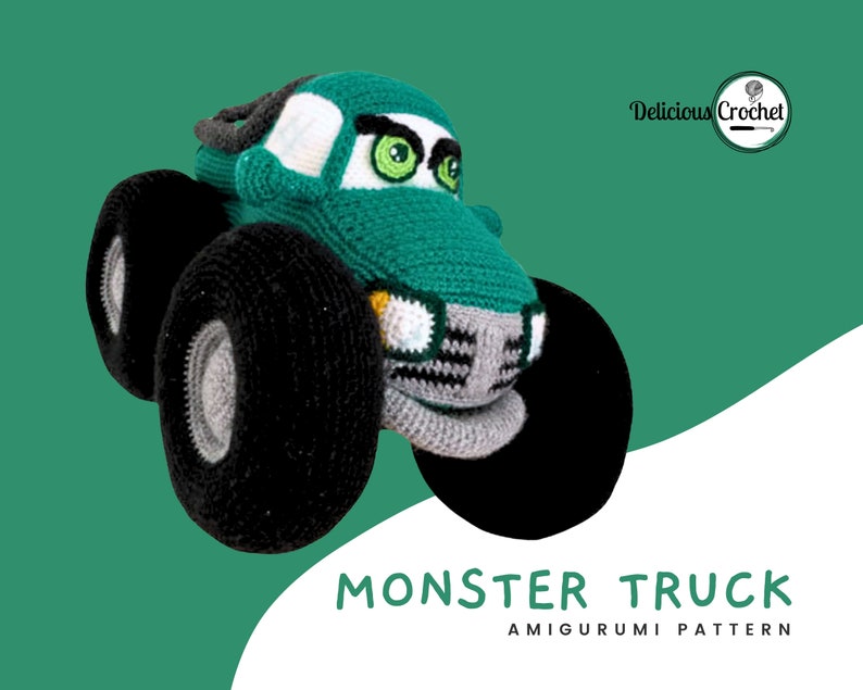 DeliciousCrochet Monster Truck. This is a crochet pattern, not the finished toy. Using DK or Sports acrylic yarn with a 2.5 mm hook, the truck stands 9 inches tall, 12.5 inches long and 8 incges wide. Instructions available in English (US) or Spanish