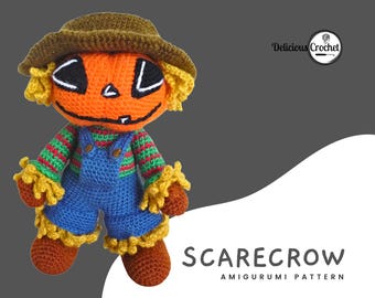 May include: A crocheted amigurumi scarecrow with a pumpkin head, brown hat, blue overalls, and yellow straw. The scarecrow is standing on a white background with the text "SCARECROW AMIGURUMI PATTERN" below it.
