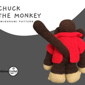 DeliciousCrochet Chuck the Monkey. This is a crochet pattern, not the finished toy. Using DK or Sports acrylic yarn with a 2.5 mm hook, the toy stands 8.7 inches tall. Instructions available in English (US) or Spanish.