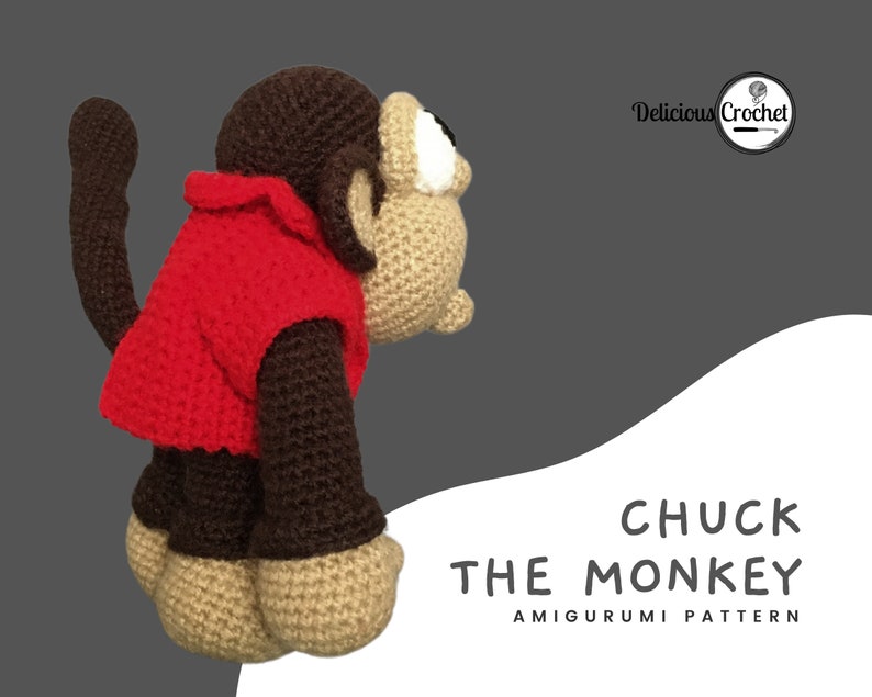 DeliciousCrochet Chuck the Monkey. This is a crochet pattern, not the finished toy. Using DK or Sports acrylic yarn with a 2.5 mm hook, the toy stands 8.7 inches tall. Instructions available in English (US) or Spanish.