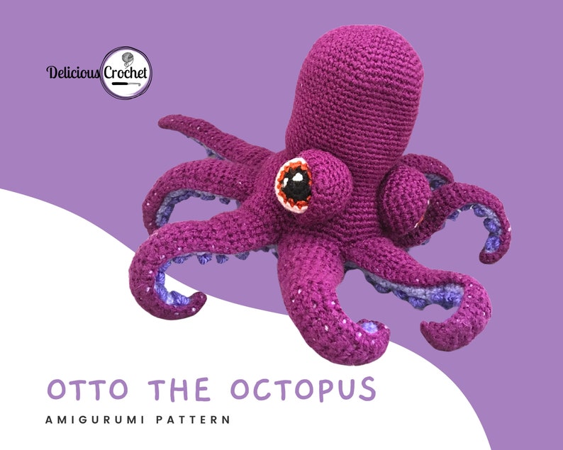 DeliciousCrochet Otto Octopus. This is a crochet pattern, not the finished toy. Using DK or Sports acrylic yarn with a 2.5 mm hook, the octopus stands 7 inches tall and 15 inches wide. Instructions available in English (US) or Spanish.