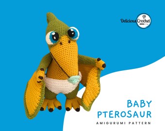 Amigurumi Pattern Crochet Pterosaur Dinosaur Dino Reptile Animal Baby Doll Toy PDF English or Spanish DIY Instant Digital Download