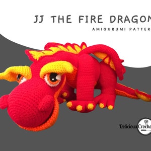 DeliciousCrochet JJ The Fire Dragon crochet pattern, not the finished toys. Using DK or Sports acrylic yarn and a 2.5 mm hook, the toy stands 21.5 inches long and 6.5 inches tall. Instructions available in English (US) or Spanish.