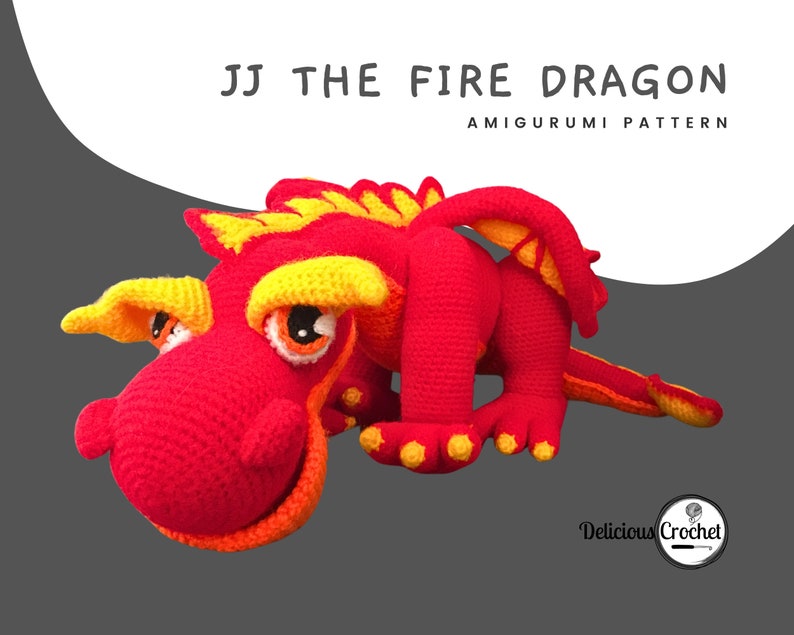 DeliciousCrochet JJ The Fire Dragon crochet pattern, not the finished toys. Using DK or Sports acrylic yarn and a 2.5 mm hook, the toy stands 21.5 inches long and 6.5 inches tall. Instructions available in English (US) or Spanish.