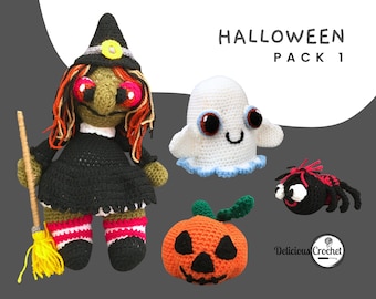 Op de afbeelding: Een gehaakt Halloween-pakket met vier amigurumi-figuren: een heks met een zwarte jurk, een witte geest, een zwarte spin en een oranje pompoen. Het pakket is getiteld "Halloween Pack 1".