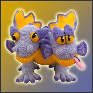 Amigurumi-mönster virkat med tvåhövdad drake, gör-det-själv digital nedladdning