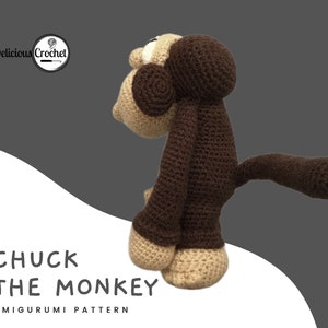 DeliciousCrochet Chuck the Monkey. This is a crochet pattern, not the finished toy. Using DK or Sports acrylic yarn with a 2.5 mm hook, the toy stands 8.7 inches tall. Instructions available in English (US) or Spanish.