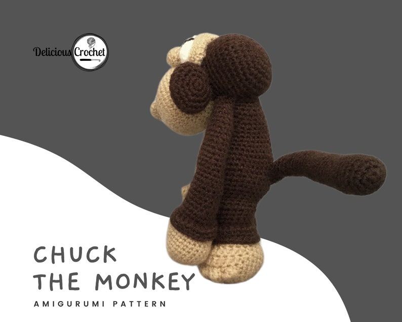 DeliciousCrochet Chuck the Monkey. This is a crochet pattern, not the finished toy. Using DK or Sports acrylic yarn with a 2.5 mm hook, the toy stands 8.7 inches tall. Instructions available in English (US) or Spanish.