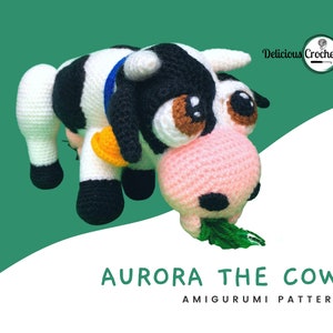 DeliciousCrochet Aurora the Cow. This is a crochet pattern, not the finished toy. Using DK or Sports acrylic yarn with a 2.5 mm hook, the cow is 6.5 inches tall & 10 inches long; lawn 12 inches wide. Instructions available in English (US) or Spanish.