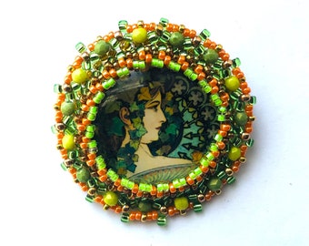 Alphonse Mucha Embroidered Brooch OOAK Bridal Beadwoven Pin, Ladies of Style, "Lady Green Leaves" Pin Her Art Nouveau Gift by enchantedbeads