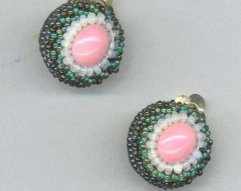 Beadwoven Clip on Earrings Pink and Green Beaded Earrings Statement Earrings Flowers in the Grass Earrings  Gift for Her by enchantedbeads