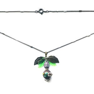 Cloisonné Enameled Pendant, Floral Design, Antique Silver Plated Chain, Flower Bead Charm, Brass and Green Leaves Necklace, Gift for her