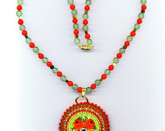 Beadwoven Floral Pendant Necklace Flower Mosaic Peyote Beadwork OOAK Christmas Valentine's Red and Green Brooch for Her by enchantedbeads