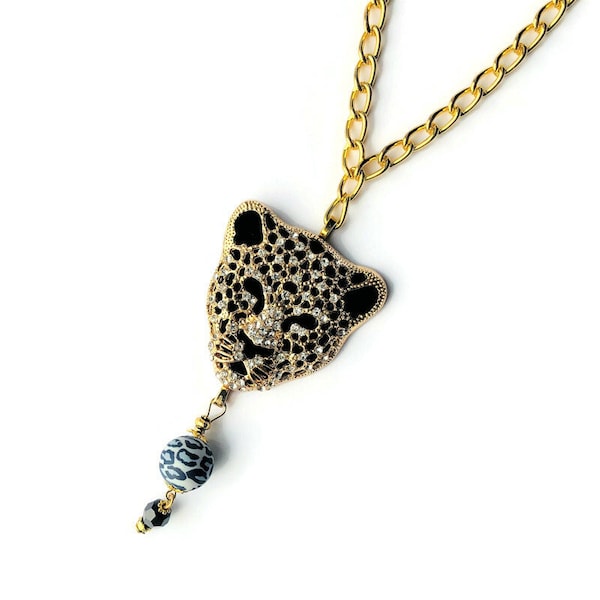 Unique Leopard Golden Head Sparkly Pendant Wild Animal Jaguar Necklace for Him Father's Day, Halloween Gift for Her by ileanaEnchantedBeads