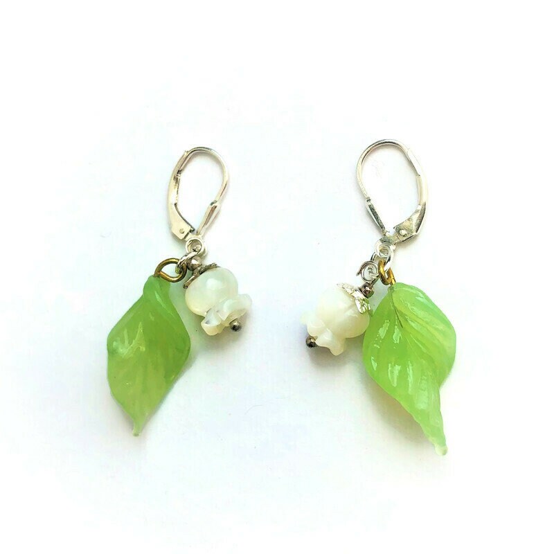 Lily of the Valley Earrings White Mother of Pearl Bridal Green - Etsy