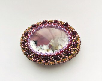 Beadwoven Oval Brooch Designer Dendritic Lilac& White Opal Embroidered Brooch Unique Gift for her Mystic Genuine Gemstone by enchantedbeads