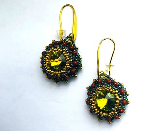 Swarovski Green Beadwoven Embroidered Dangling Earring Small goldstone bead Gold Plated Fancy French ear Wire Gift for Her by enchantedbeads