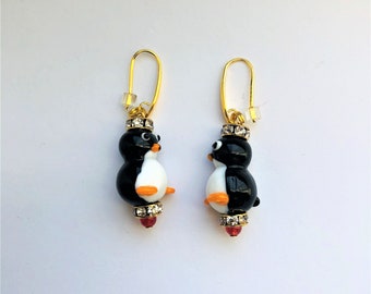 Penguin Earrings Black White Penguin Gift for Her Good fortune South Pole Glass Lampwork Cute Lucky Creature Earring by ileanaEnchantedBeads