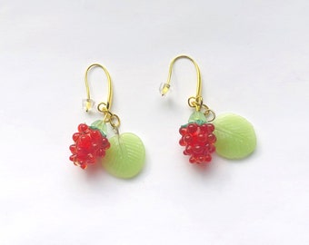 Realistic Raspberry Red Fruit Lampwork Glass Earrings for Her Gold Filed French Ear Wire Jade Green Glass Leaf Summer Food by enchantedbeads