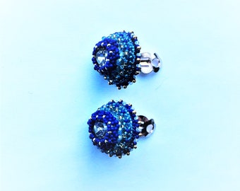 Beadwoven Round Clip on Earrings Light Blue Beadwork Silver Pl. Clips 25 mm clear Sparkle Rhinestone Earrings Gift for Her by enchantedbeads