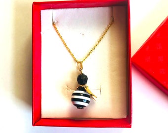 Black& White Beekeeping Bumblebee Pendant Unique gift for Her Bee Pendant with Golden Wings Black crystal beads Zebra Bee by enchantedbeas
