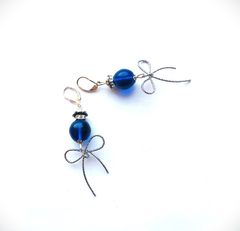 Royal Blue Large Glass Bead Earrings, Rhinestone Roundels Sterling Silver Leverback Silver Bow Romance Holidays Gift by ileanaEnchantedBeads image 1